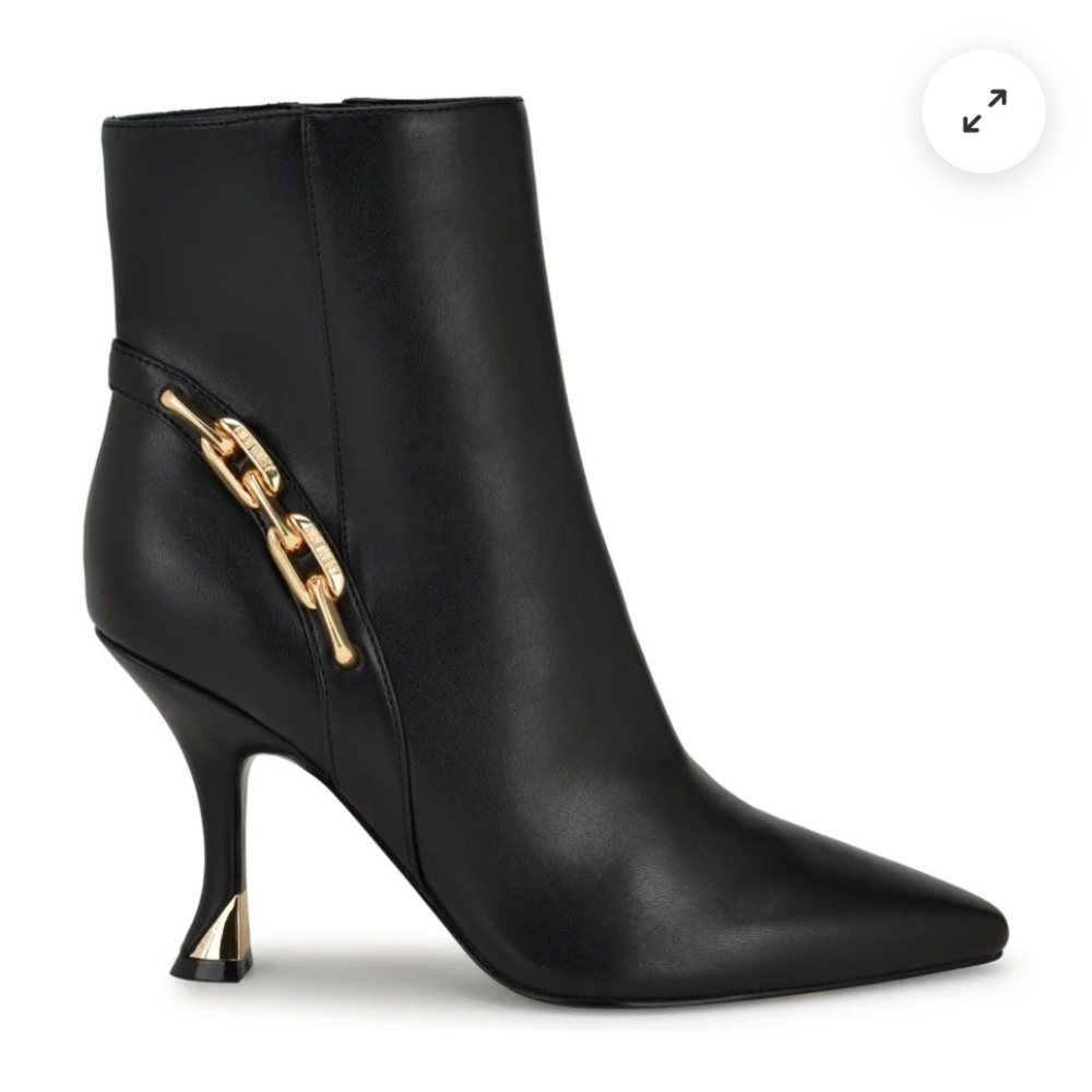 Nine West Black Leather Pointed Ankle Boot with Gold Chain Detail